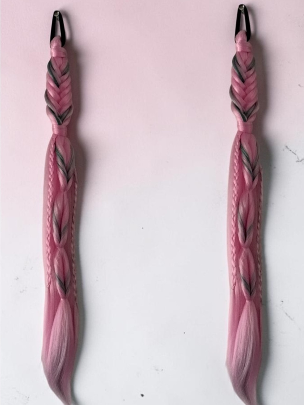 Braided Pink Hair Extensions with Gray Accents